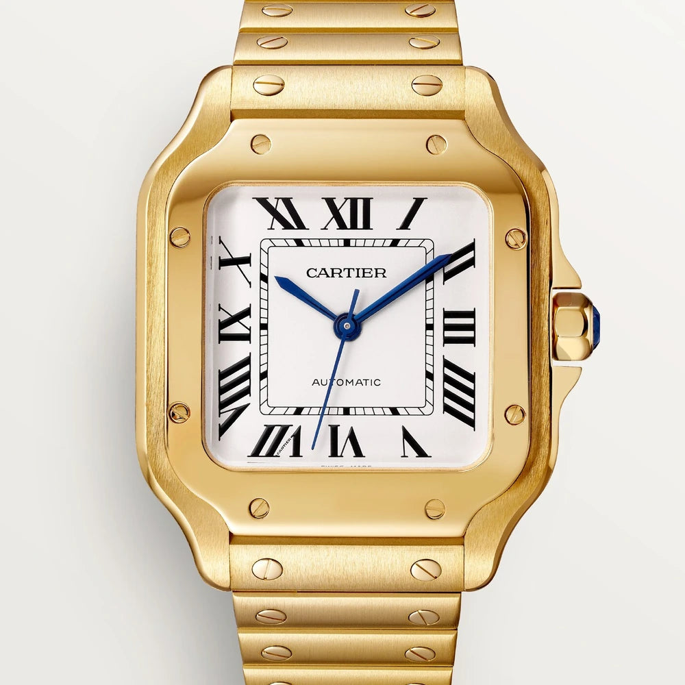 Cartier Santos de Cartier, medium model, automatic movement, yellow gold, interchangeable metal and leather bracelets