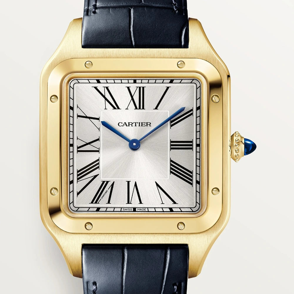 Cartier Santos-Dumont, extra-large model, manual mechanical movement, yellow gold, leather
