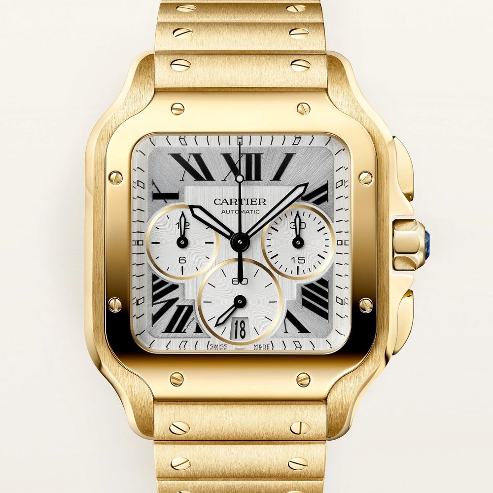 Cartier Santos de Cartier, large model, automatic movement, yellow gold, interchangeable metal bracelet and leather straps