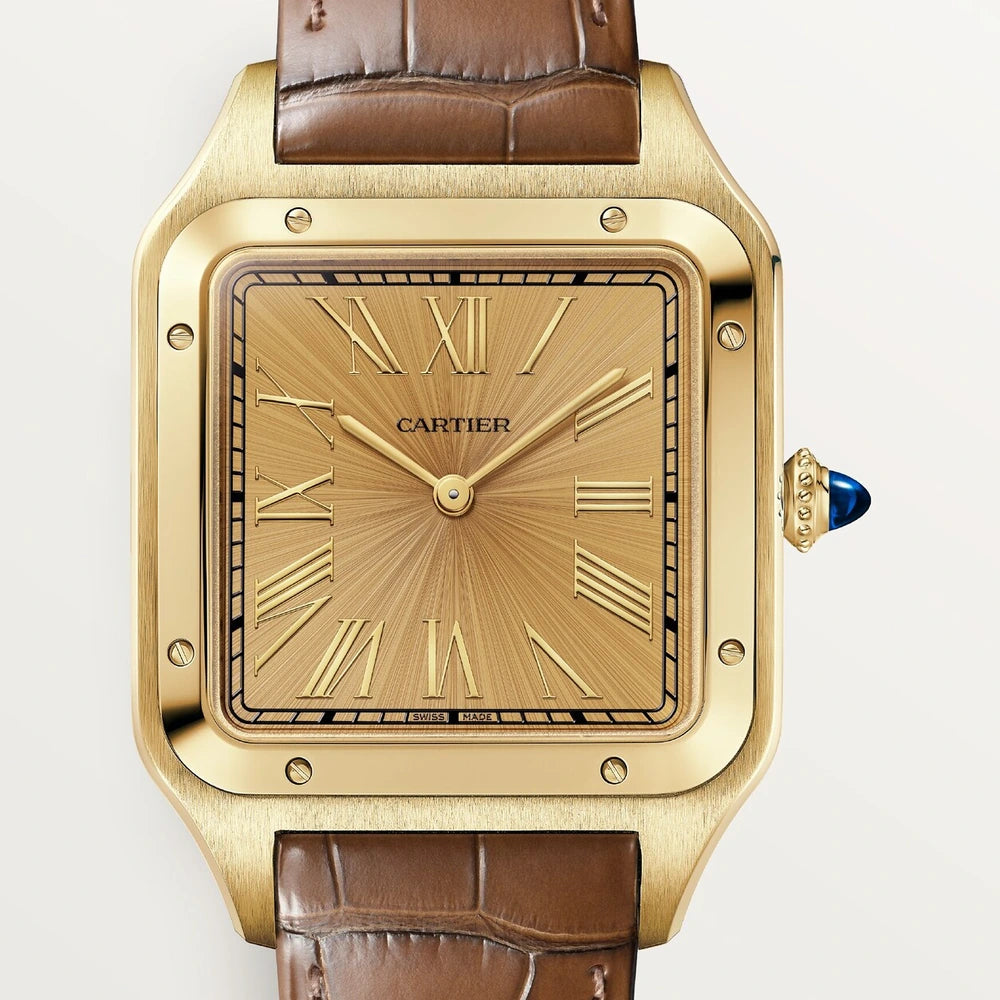 Cartier Santos-Dumont, extra-large model, manual mechanical movement, yellow gold, leather