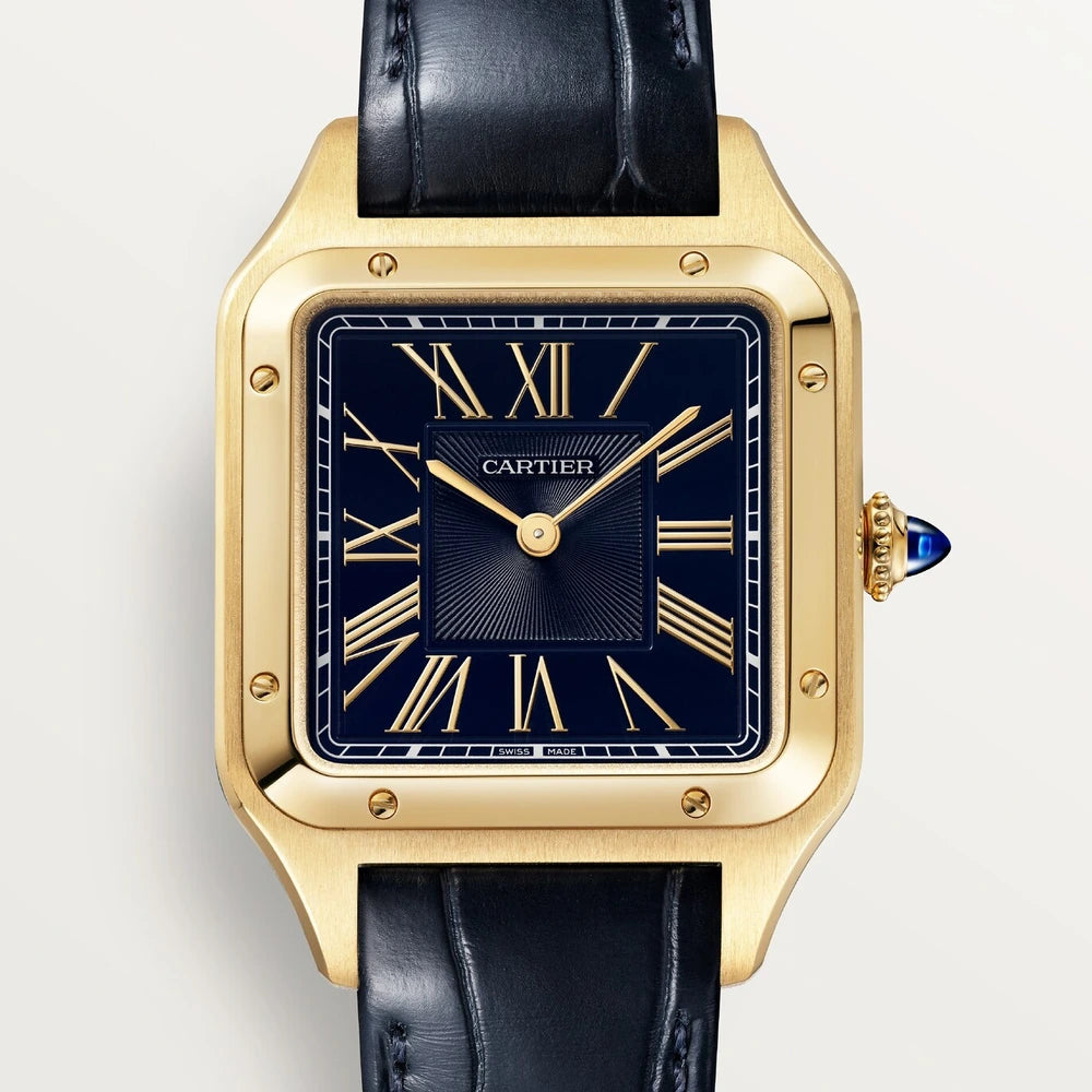 Cartier Santos-Dumont, large model, quartz movement, yellow gold, leather