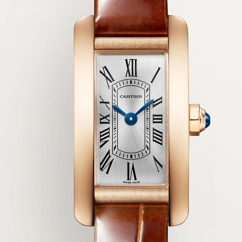 Cartier Tank Américaine, mini model, quartz movement, rose gold, leather