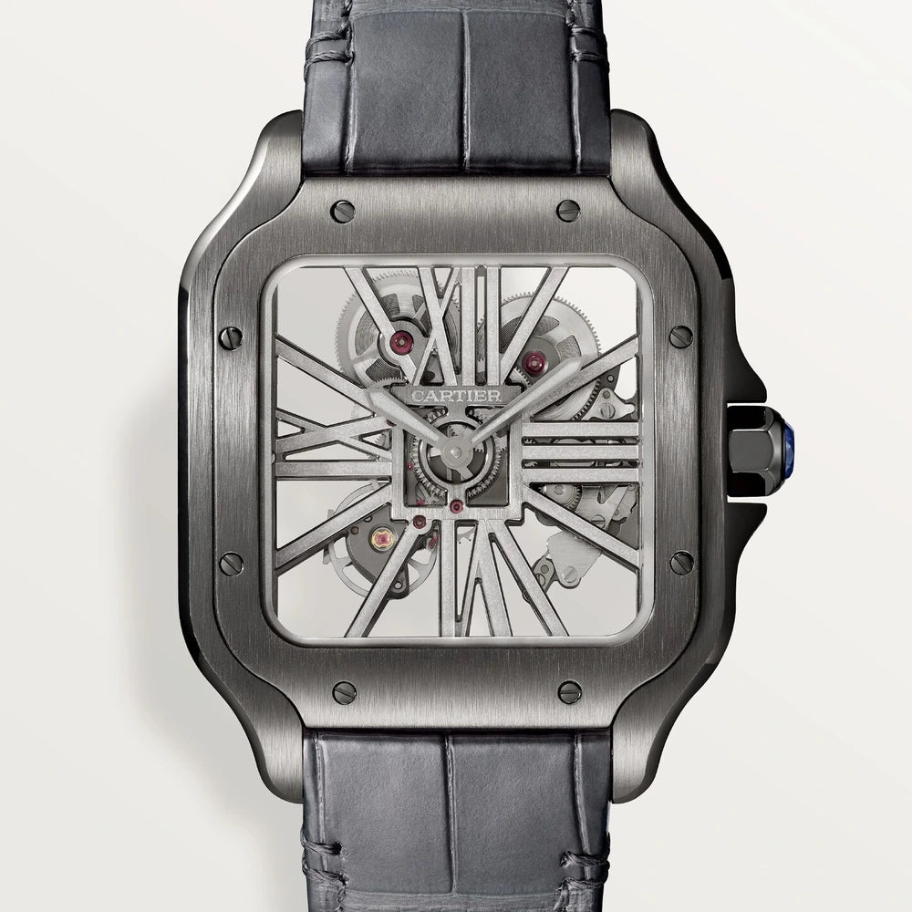 Cartier Santos de Cartier skeleton, large model, hand-wound mechanical movement, steel, ADLC, leather