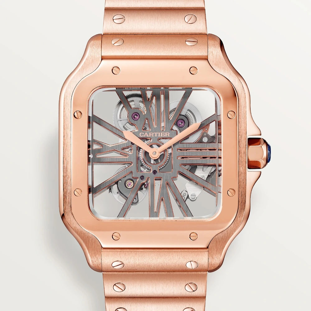Cartier Santos de Cartier skeleton, large model, hand-wound mechanical movement, rose gold