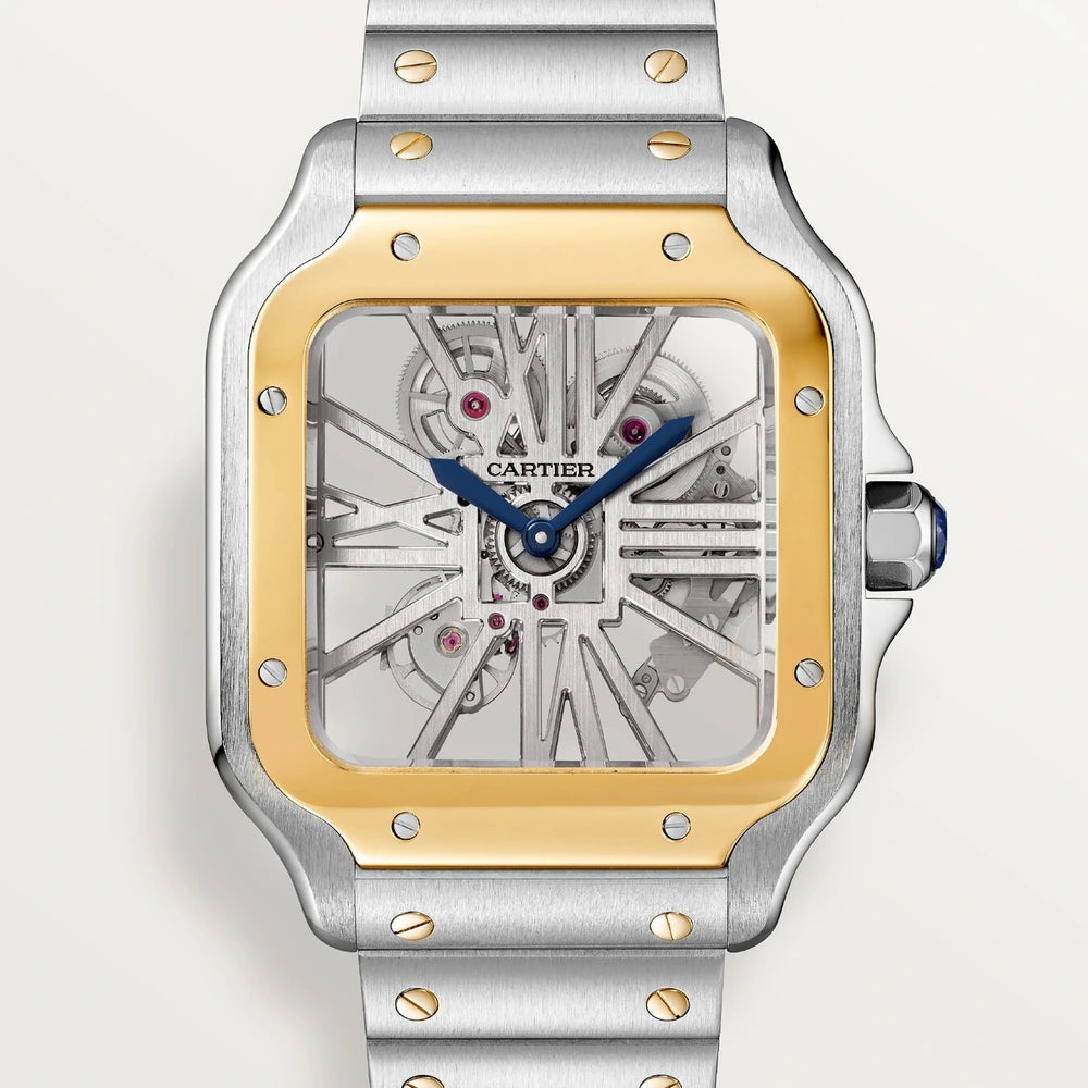 Cartier Santos de Cartier skeleton, large model, hand-wound mechanical movement, yellow gold, steel, leather