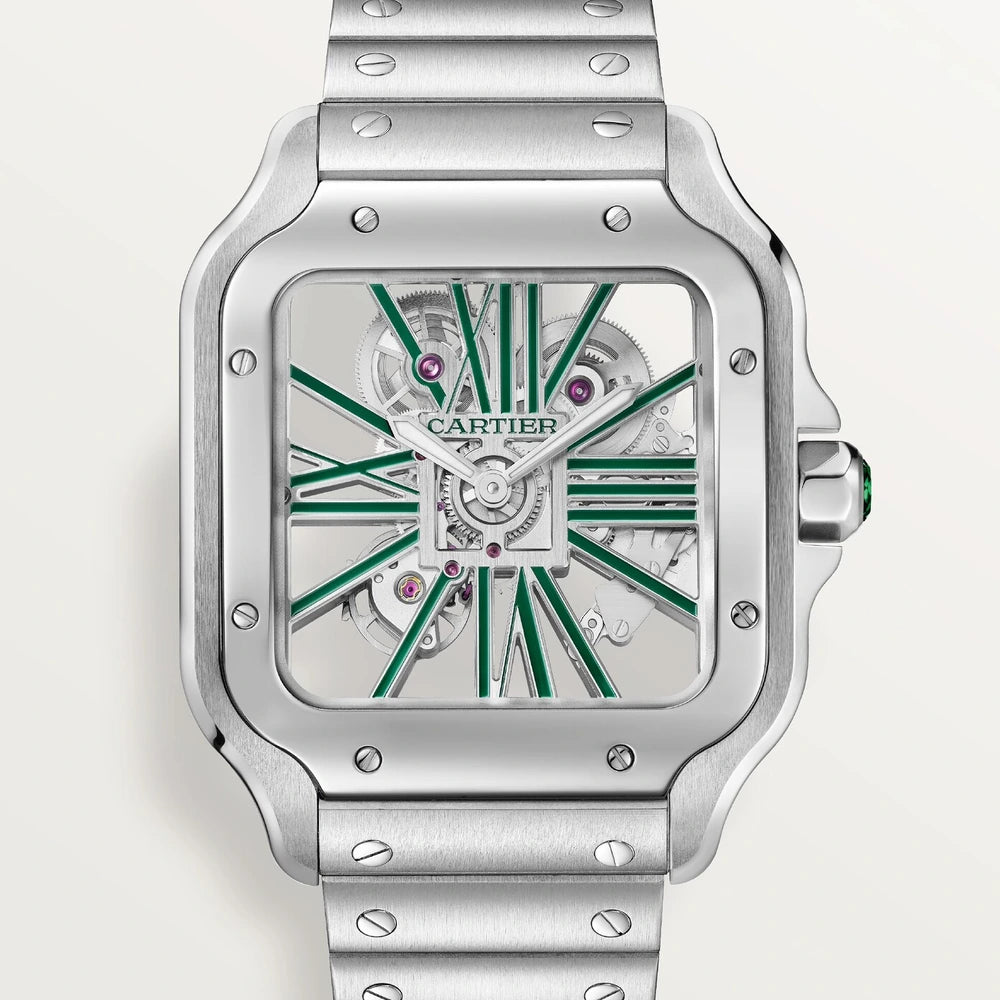 Cartier Santos de Cartier skeleton, large model, hand-wound mechanical movement, steel, interchangeable metal and leather bracelets