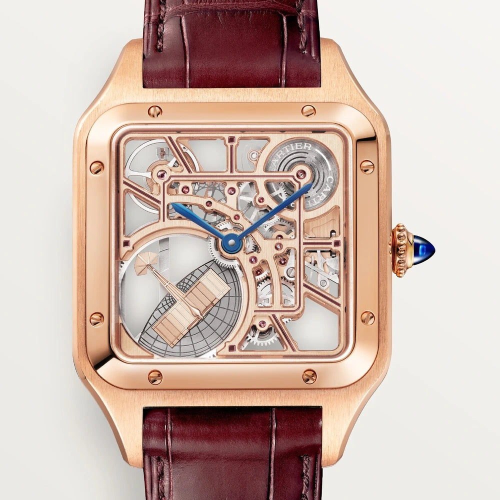 Cartier Santos-Dumont skeleton watch equipped with a micro-rotor, large model, automatic mechanical skeleton movement, rose gold, leather