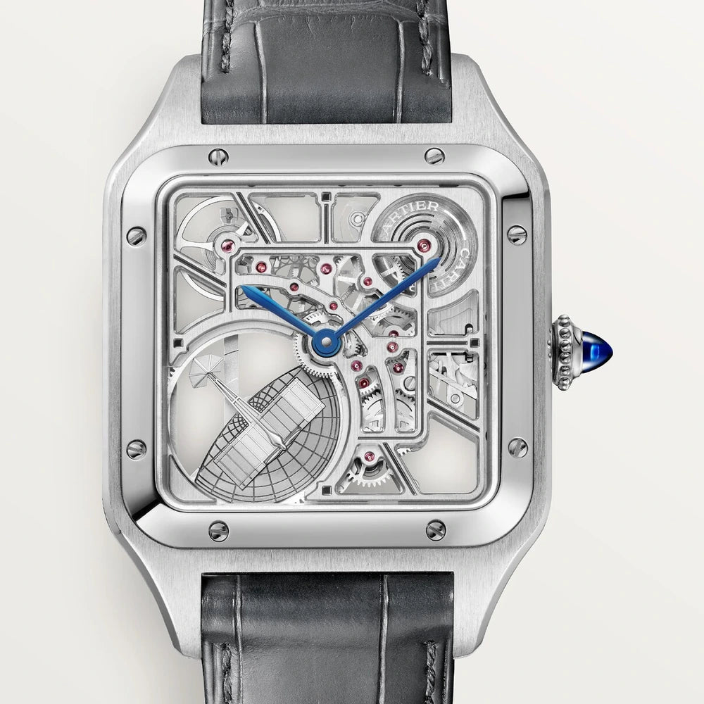 Cartier Santos-Dumont skeleton watch equipped with a micro-rotor, large model, automatic mechanical skeleton movement, steel, leather