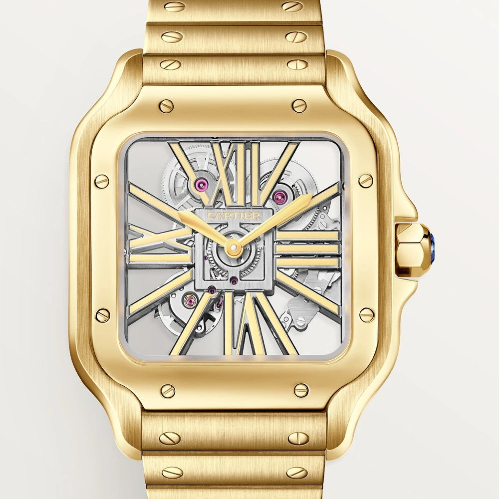 Cartier Santos de Cartier, large model, manual skeleton movement, yellow gold, interchangeable metal and leather straps