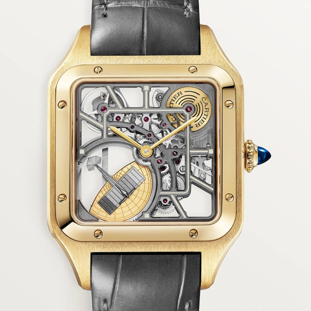Cartier Santos-Dumont skeleton watch equipped with a micro-rotor, large model, automatic skeleton movement, yellow gold, 2 leather straps