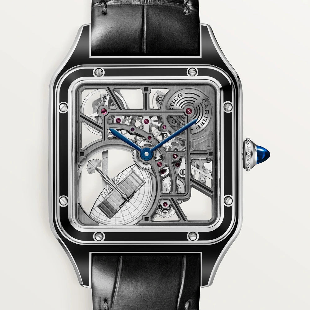 Cartier Santos-Dumont skeleton watch equipped with a micro-rotor, large model, automatic skeleton movement, steel, lacquer, 2 leather straps