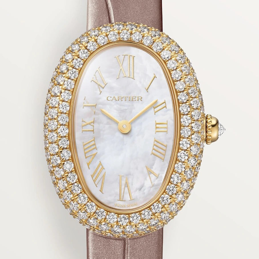 Cartier Baignoire, small model, quartz movement, yellow gold, mother-of-pearl, diamonds, leather