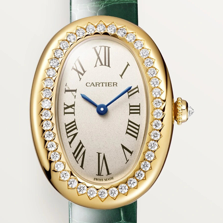 Cartier Baignoire, small model, quartz movement, yellow gold, diamonds, leather