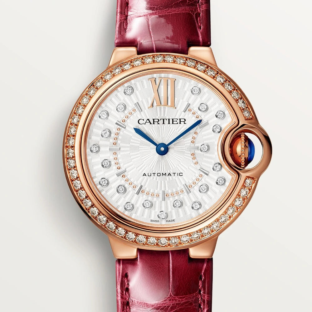 Cartier Ballon Bleu de Cartier, 33 mm, automatic mechanical movement, rose gold, diamonds, leather.