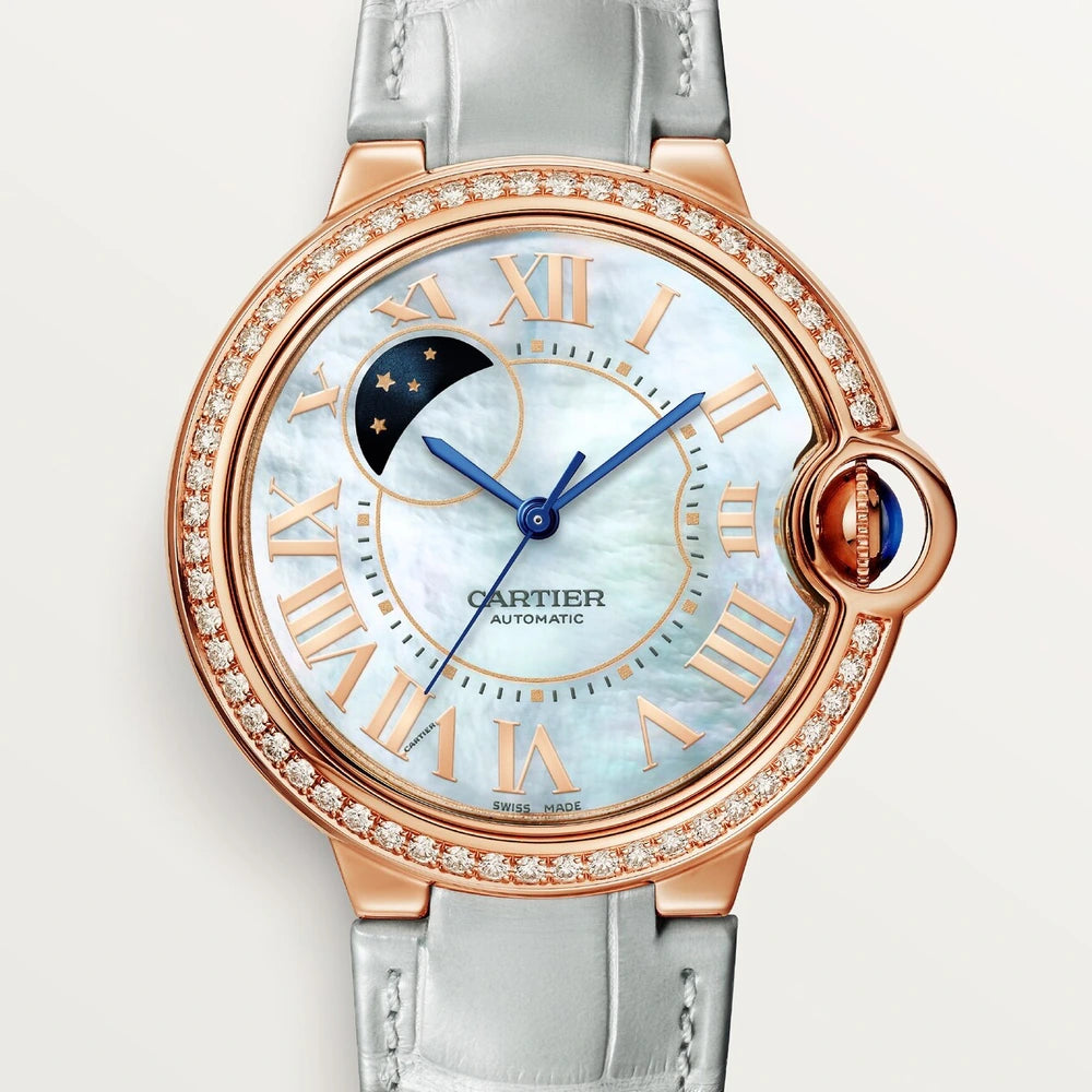 Cartier Ballon Bleu de Cartier, 36 mm, automatic movement, rose gold, diamonds, leather