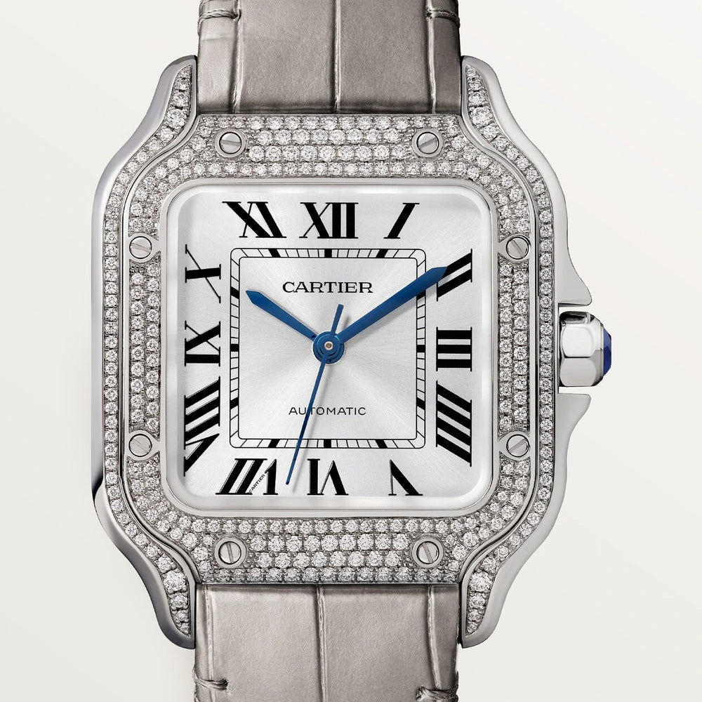 Cartier Santos de Cartier, medium model, automatic movement, white gold, diamonds, 2 interchangeable leather bracelets