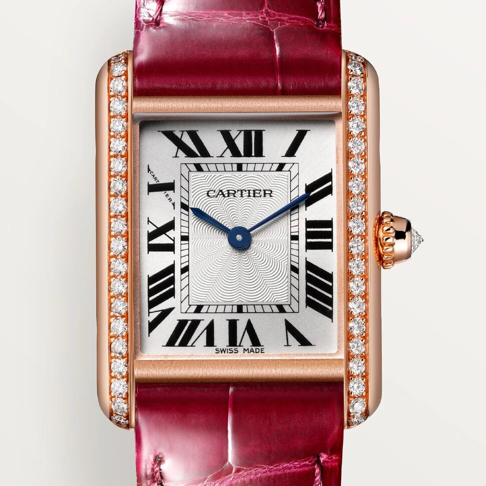 Cartier Tank Louis Cartier, small model, hand-wound mechanical movement, rose gold, diamonds, leather