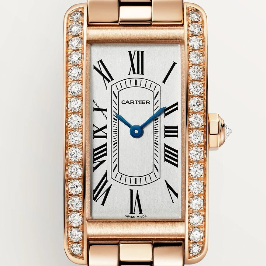 Cartier Tank Américaine, small model, quartz movement, rose gold, diamonds