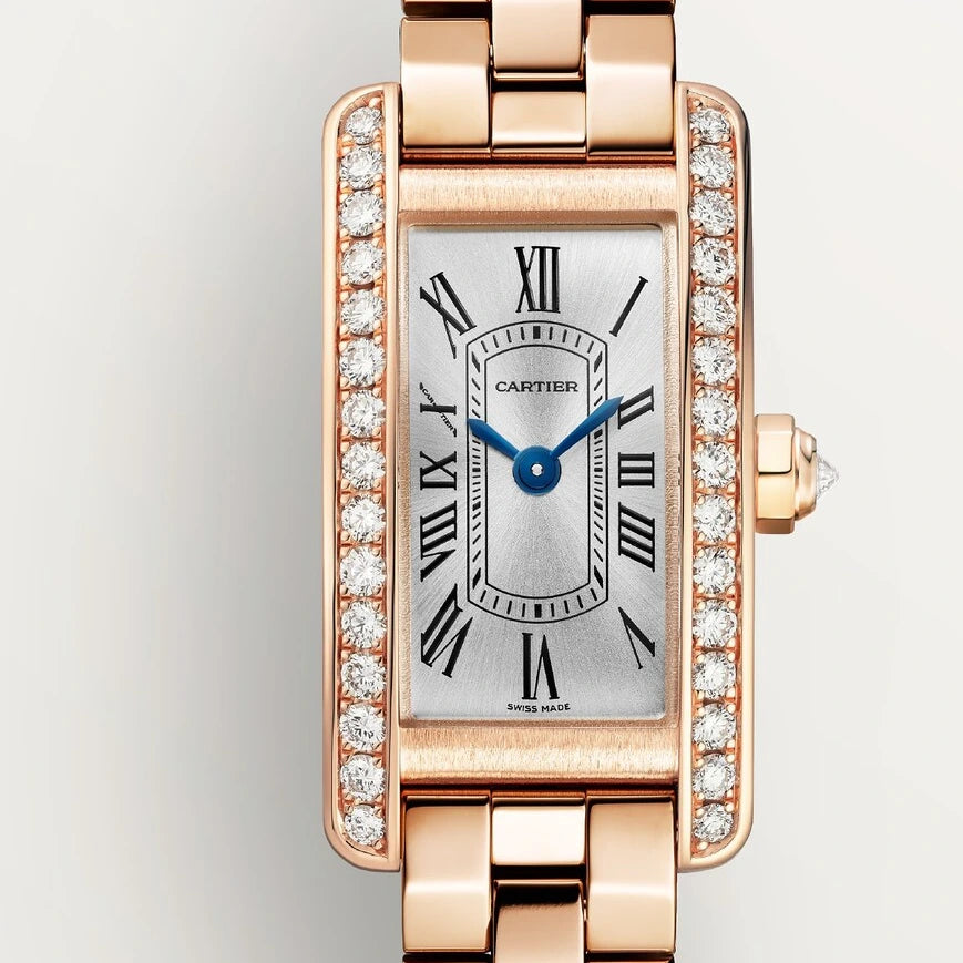 Cartier Tank Américaine, mini model, quartz movement, rose gold, diamonds