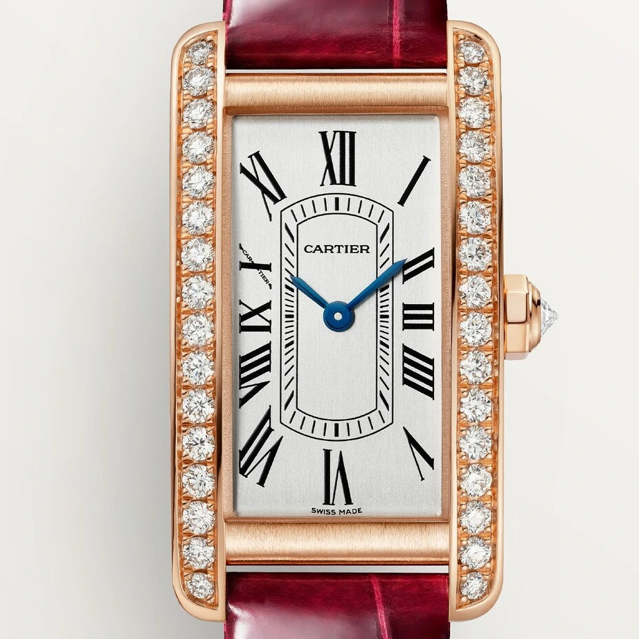 Cartier Tank Américaine, small model, quartz movement, rose gold, diamonds, leather