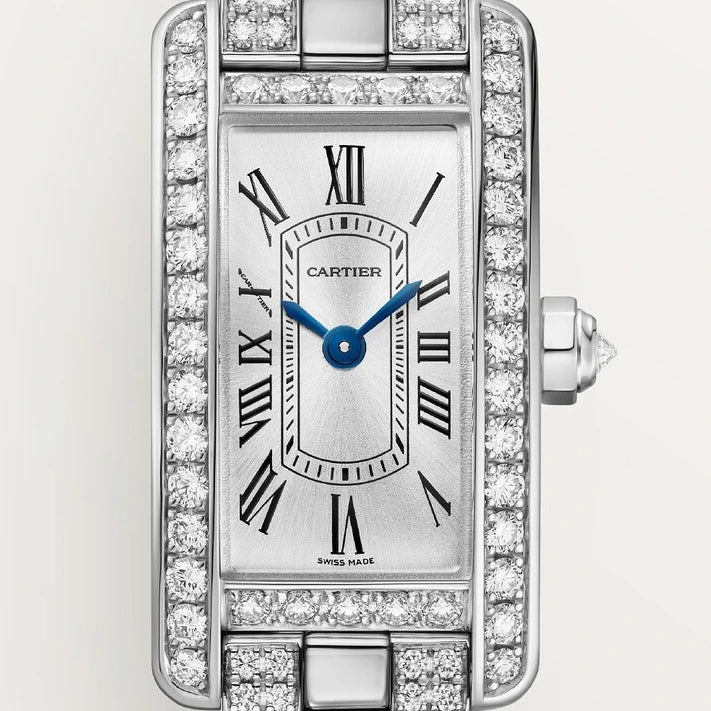 Cartier Tank Américaine, mini model, quartz movement - high autonomy, white gold, diamonds