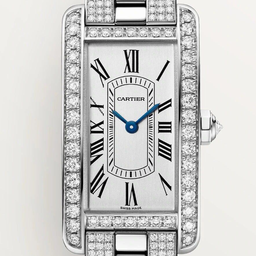 Cartier Tank Américaine, small model, quartz movement - high autonomy, white gold, diamonds