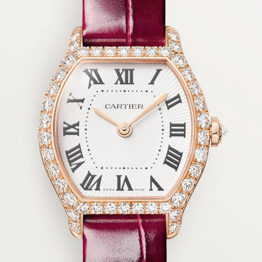 Cartier Tortue, mini model, quartz movement, rose gold, diamonds, leather