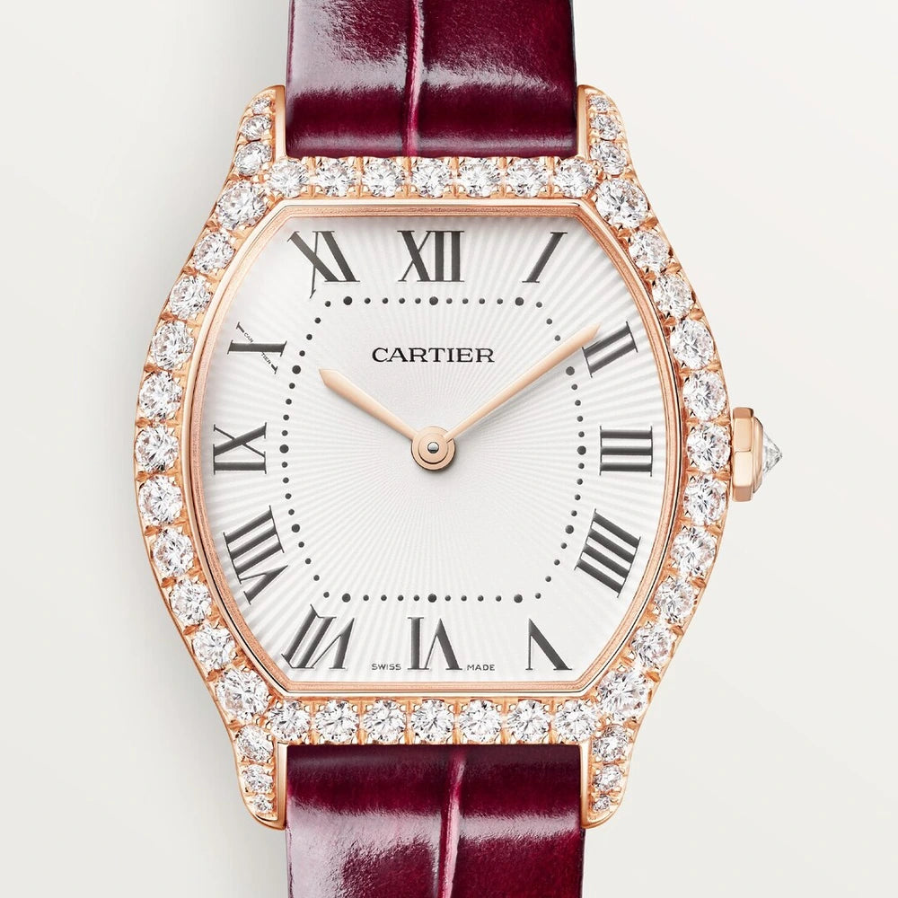 Cartier Tortue, small model, quartz movement, rose gold, diamonds, leather