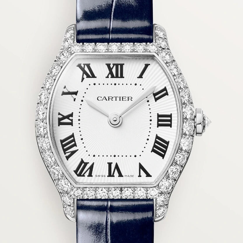 Cartier Tortue, mini model, quartz movement, white gold, diamonds, leather