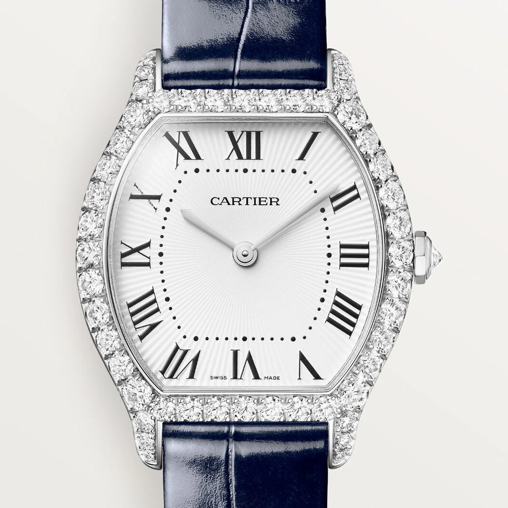 Cartier Tortue, small model, quartz movement, white gold, diamonds, leather