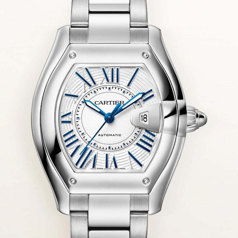 Cartier Roadster, medium model, automatic movement, steel, interchangeable metal bracelet and leather strap