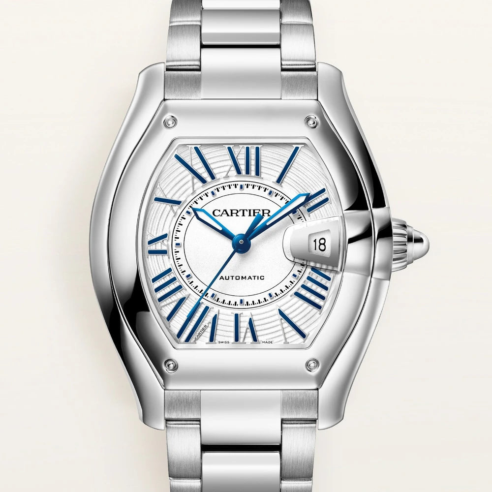 Cartier Roadster, large model, automatic movement, steel, interchangeable metal bracelet and leather straps