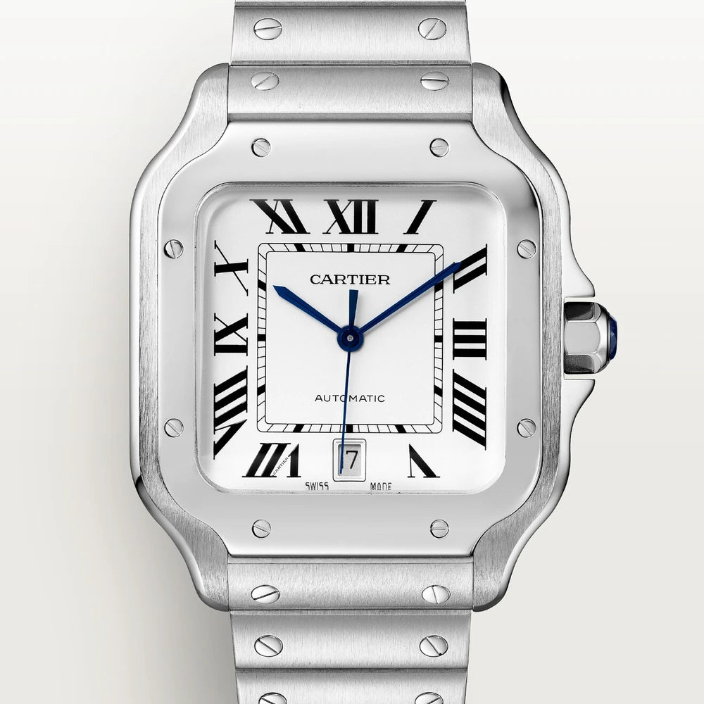 Cartier Santos de Cartier, large model, automatic movement, steel, interchangeable metal and leather bracelets