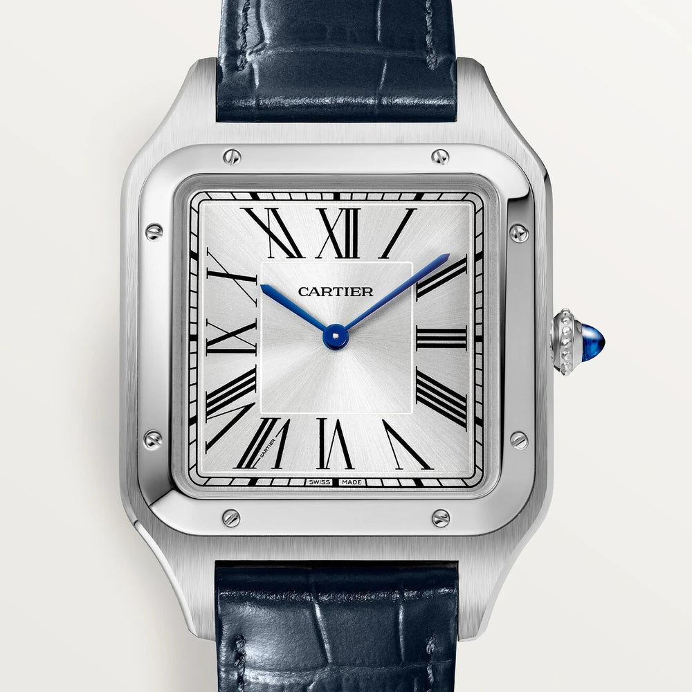 Cartier Santos-Dumont, extra-large model, hand-wound mechanical movement, steel, leather