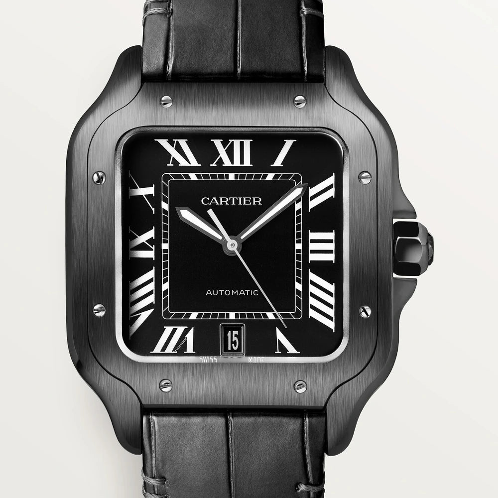 Cartier Santos de Cartier, large model, automatic movement, steel, ADLC, interchangeable rubber and leather bracelets