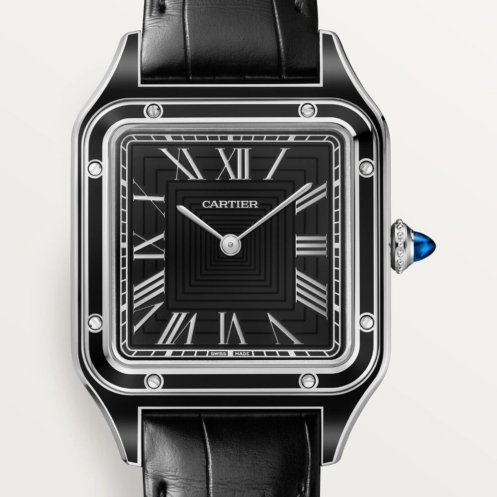 Cartier Santos-Dumont, large model, hand-wound mechanical movement, steel, lacquer, leather