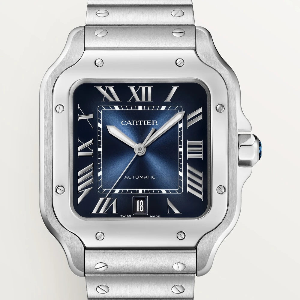 Cartier Santos de Cartier, large model, automatic movement, steel, interchangeable metal and leather bracelets