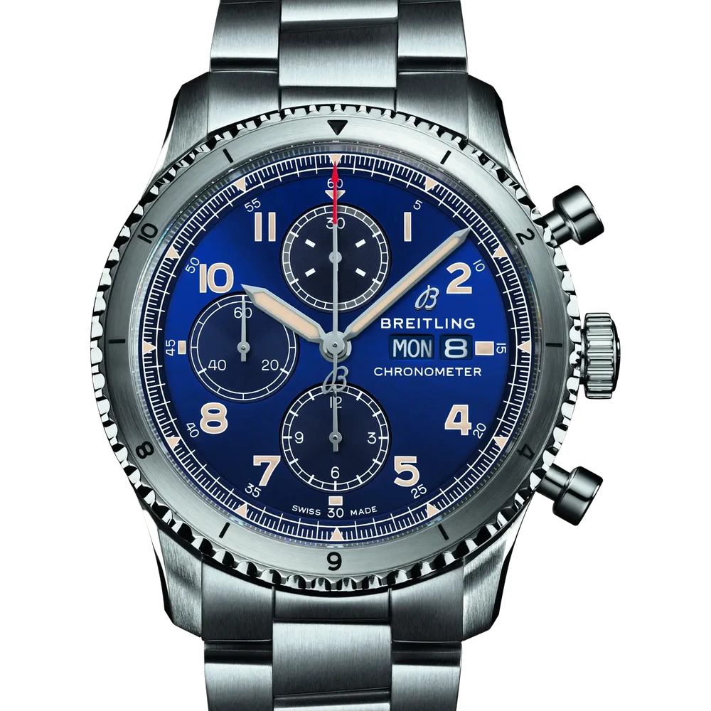 Breitling Aviator 8 Chronograph 43, 43 mm, stainless steel, blue dial