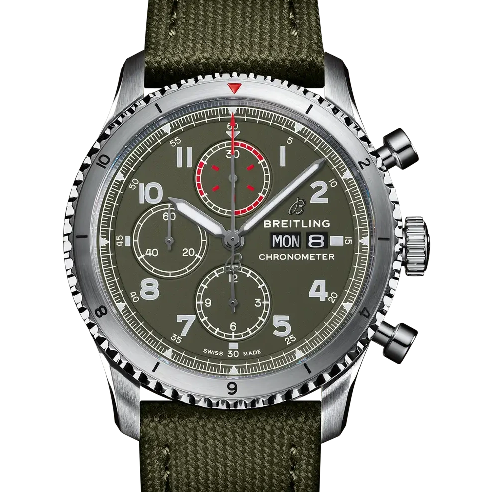 Breitling Aviator 8 Chronograph 43 Curtiss Warhawk, 43 mm, stainless steel, green dial