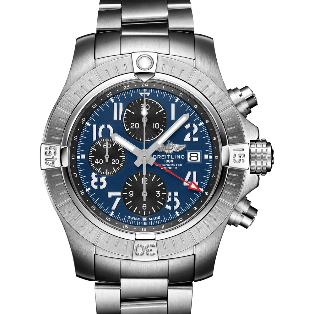 Breitling Avenger Chronograph GMT 45, 45 mm, stainless steel, blue dial