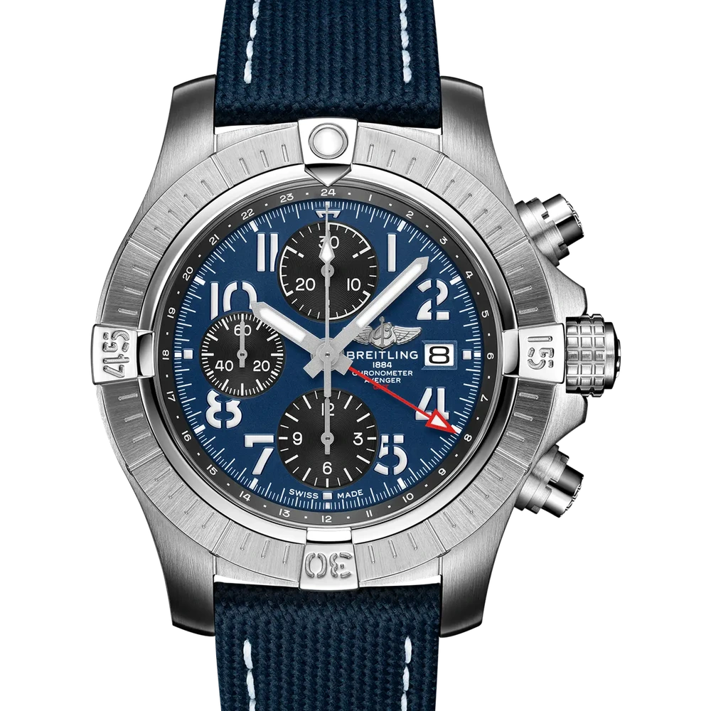 Breitling Avenger Chronograph GMT 45, 45 mm, stainless steel, blue dial