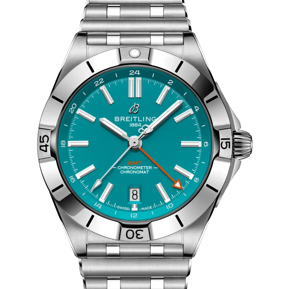 Breitling Chronomat Automatic GMT 40 NFL Miami Dolphins Edition, 40 mm, stainless steel, turquoise dial