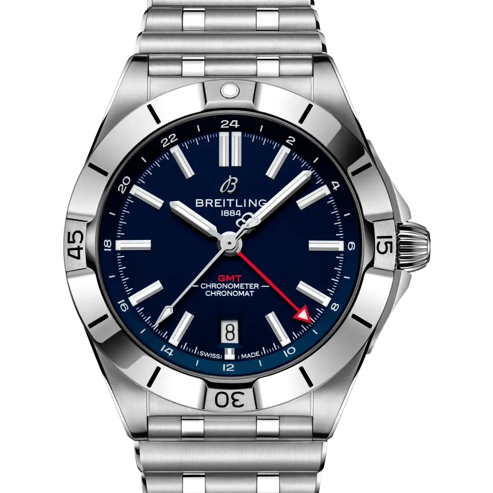 Breitling Chronomat Automatic GMT 40 NFL New England Patriots Edition, 40 mm, stainless steel, blue dial