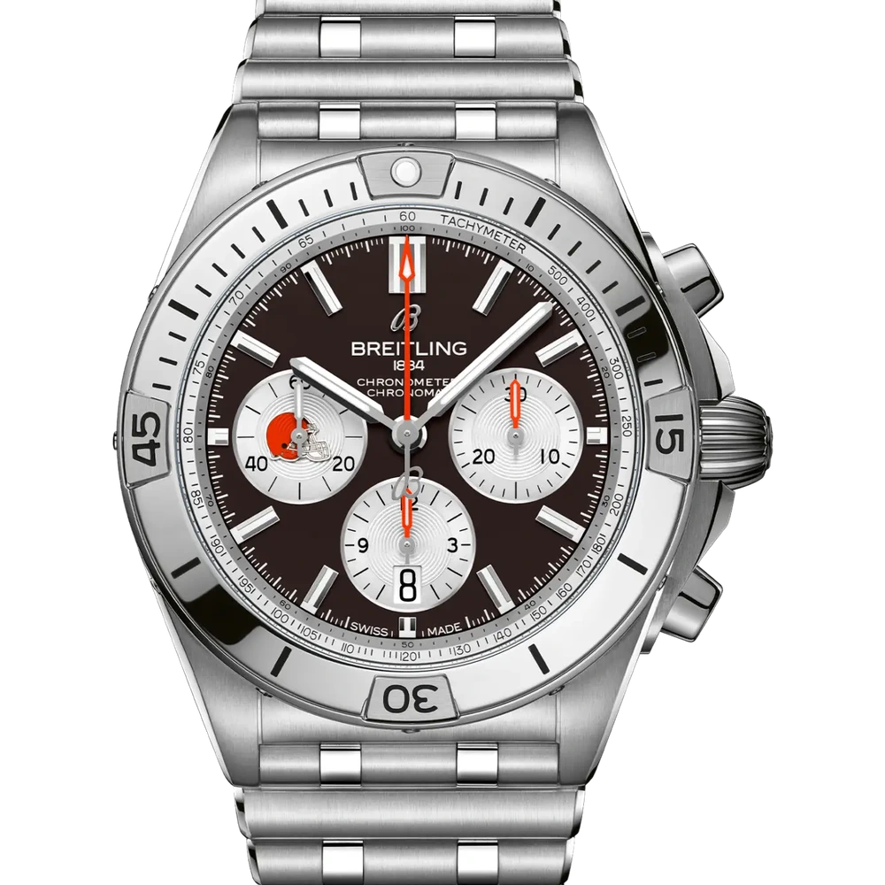 Breitling Chronomat B01 42 NFL Cleveland Browns Edition, 42 mm, stainless steel, black dial