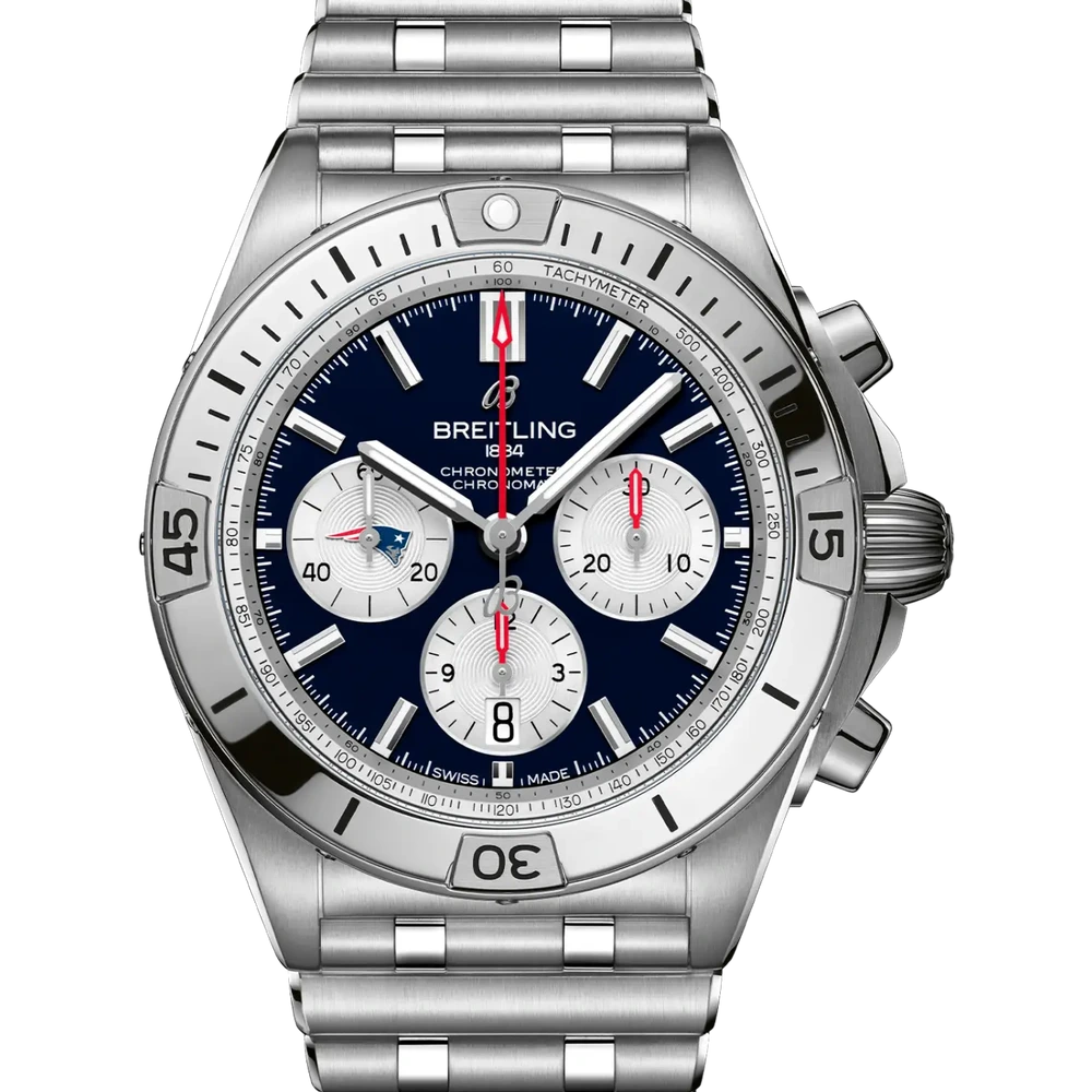 Breitling Chronomat B01 42 NFL New England Patriots Edition, 42 mm, stainless steel, blue dial