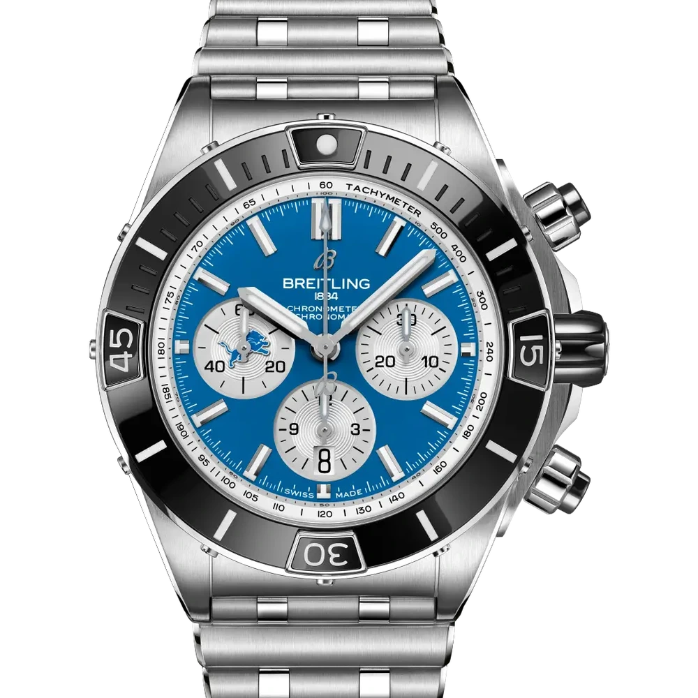 Breitling Super Chronomat B01 Chronograph 44 NFL Detroit Lions Edition, 44 mm, stainless steel, blue dial