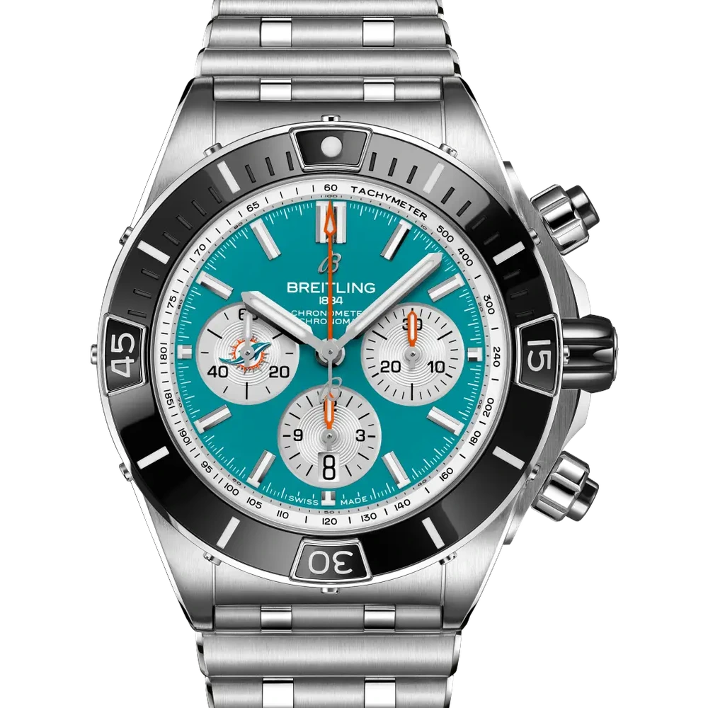 Breitling Super Chronomat B01 Chronograph 44 NFL Miami Dolphins, 44 mm, stainless steel, turquoise dial
