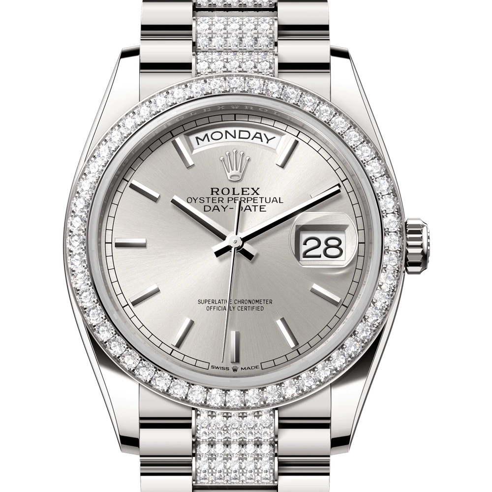 Rolex Day-Date 36 Oyster, 36 mm, white gold and diamonds Reference 128349RBR