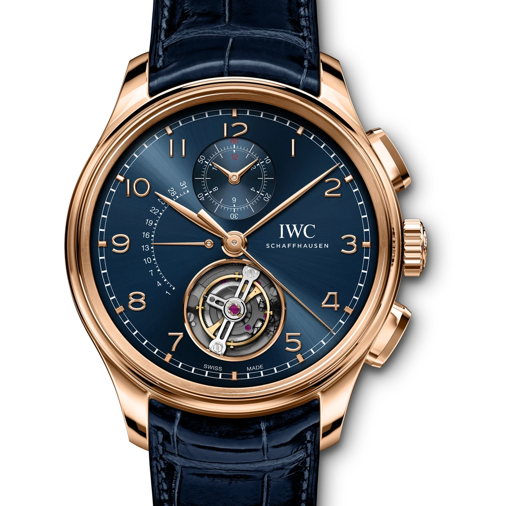 IWC Portugieser Tourbillon Rétrograde Chronograph, 18 ct Armor Gold®, blue dial
