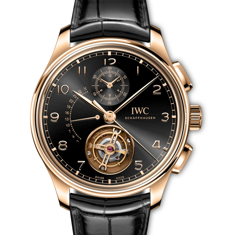 IWC Portugieser Tourbillon Rétrograde Chronograph, 18 ct Armor Gold®, black dial